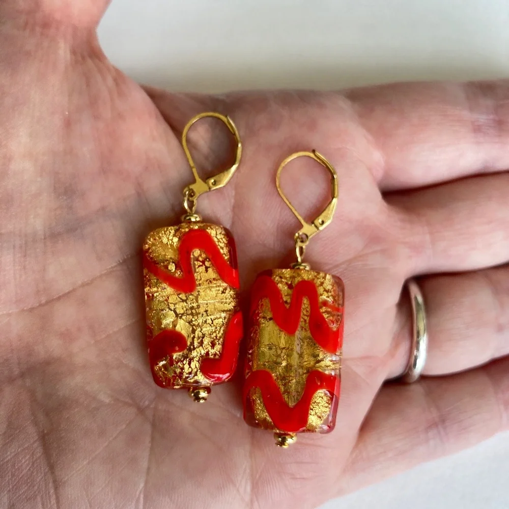 Art Glass Earrings, Handmade, Clear & Red Glass, Genuine Gold, Lamp Work